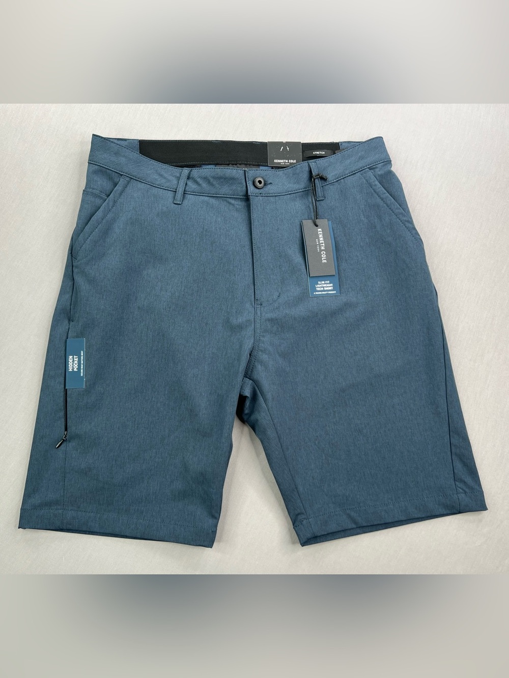 KENNETH COLE SLIM FIT LIGHTWEIGHT 9.5” TECH SHORTS BLUE HEATHER